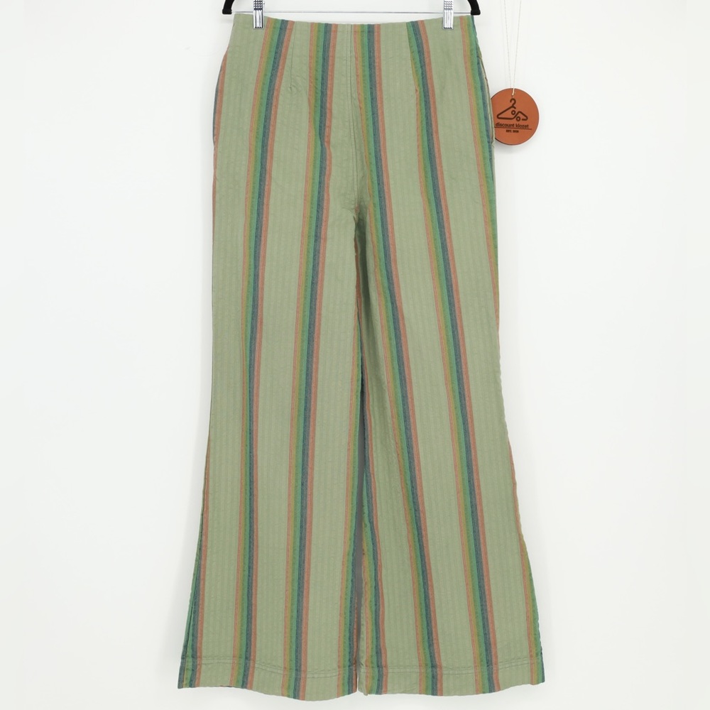 Free People Wide-Leg Striped Pants in Sage Green with Blue & Rust Stripes - Picture 2 of 7